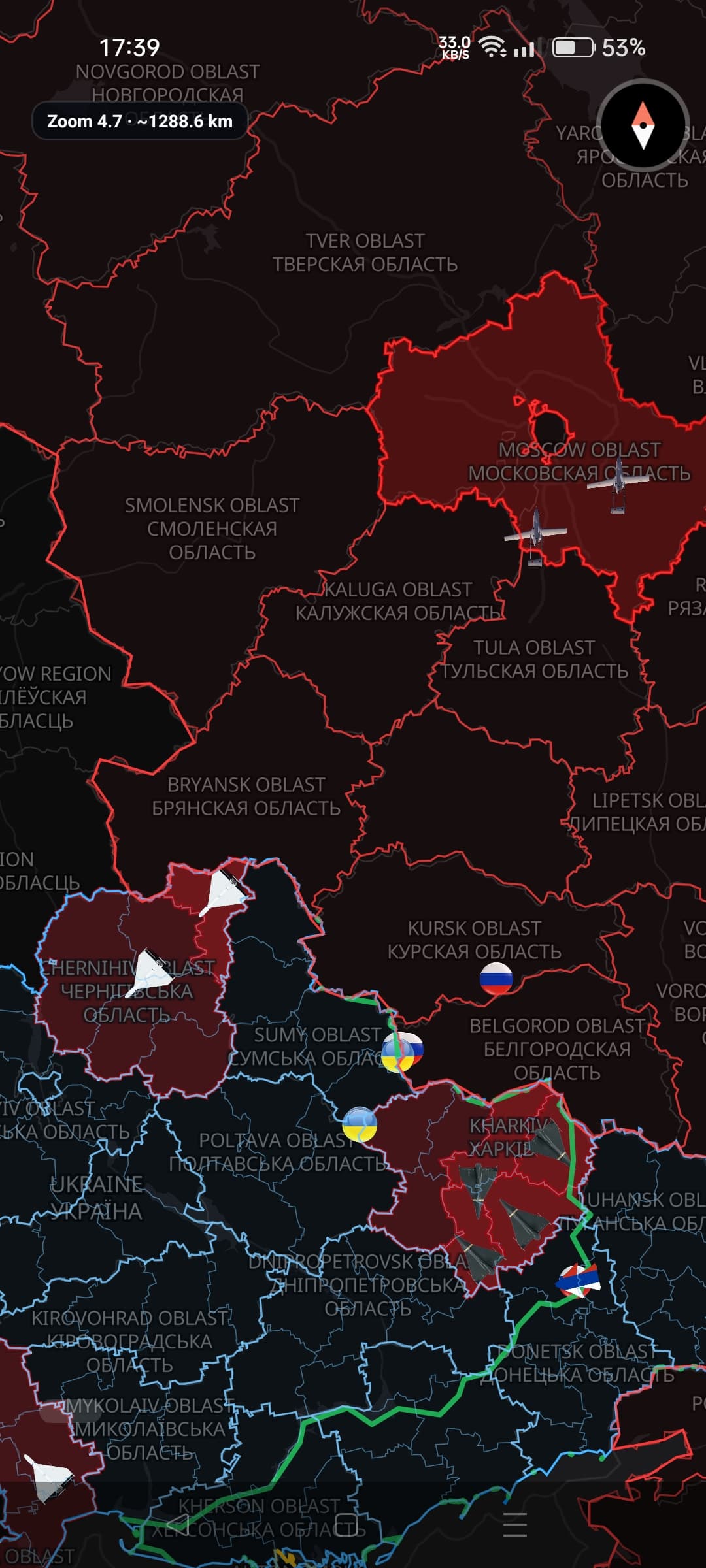 Multiple active alert zones highlighted in red across Ukraine and Russia, with threat icons over each
