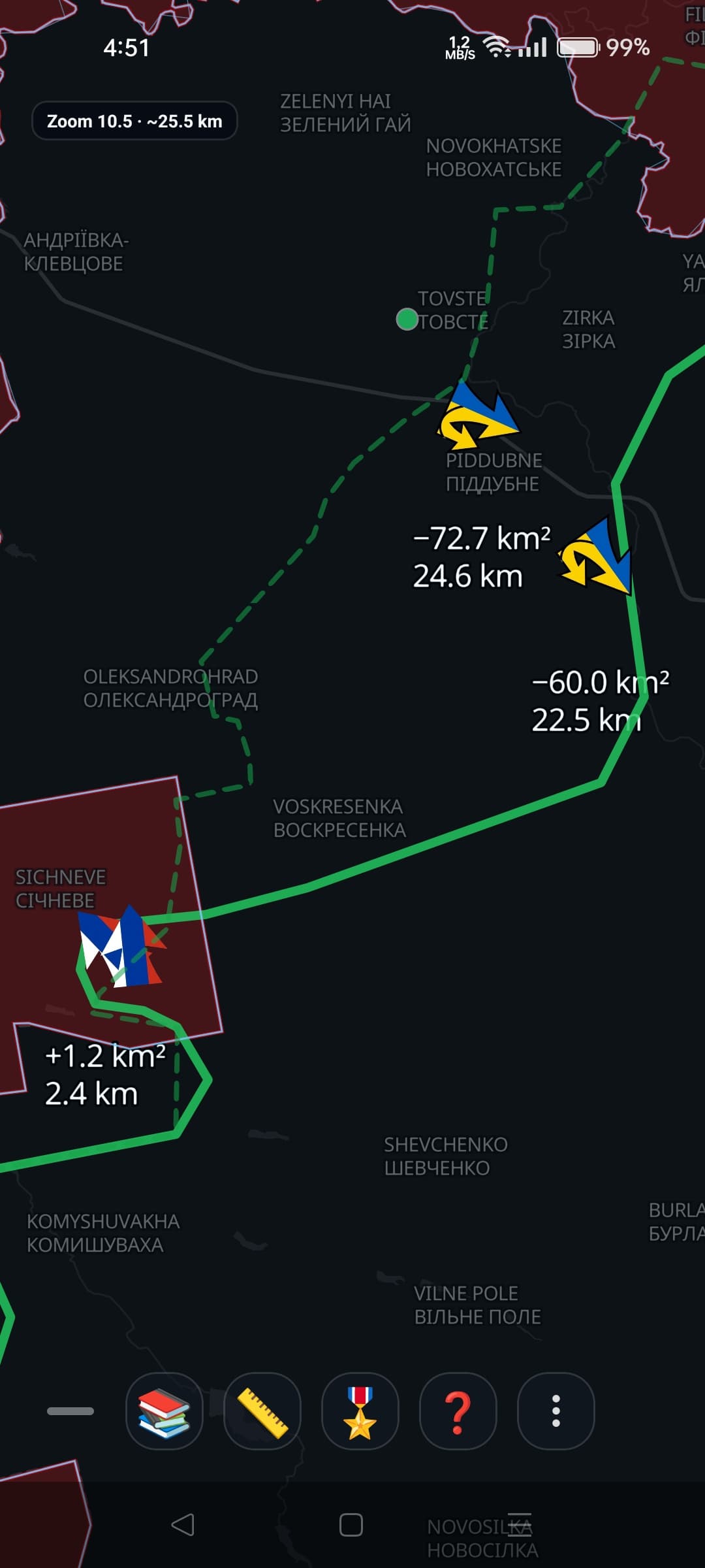 Frontline arrows with area and distance change labels, zoomed in