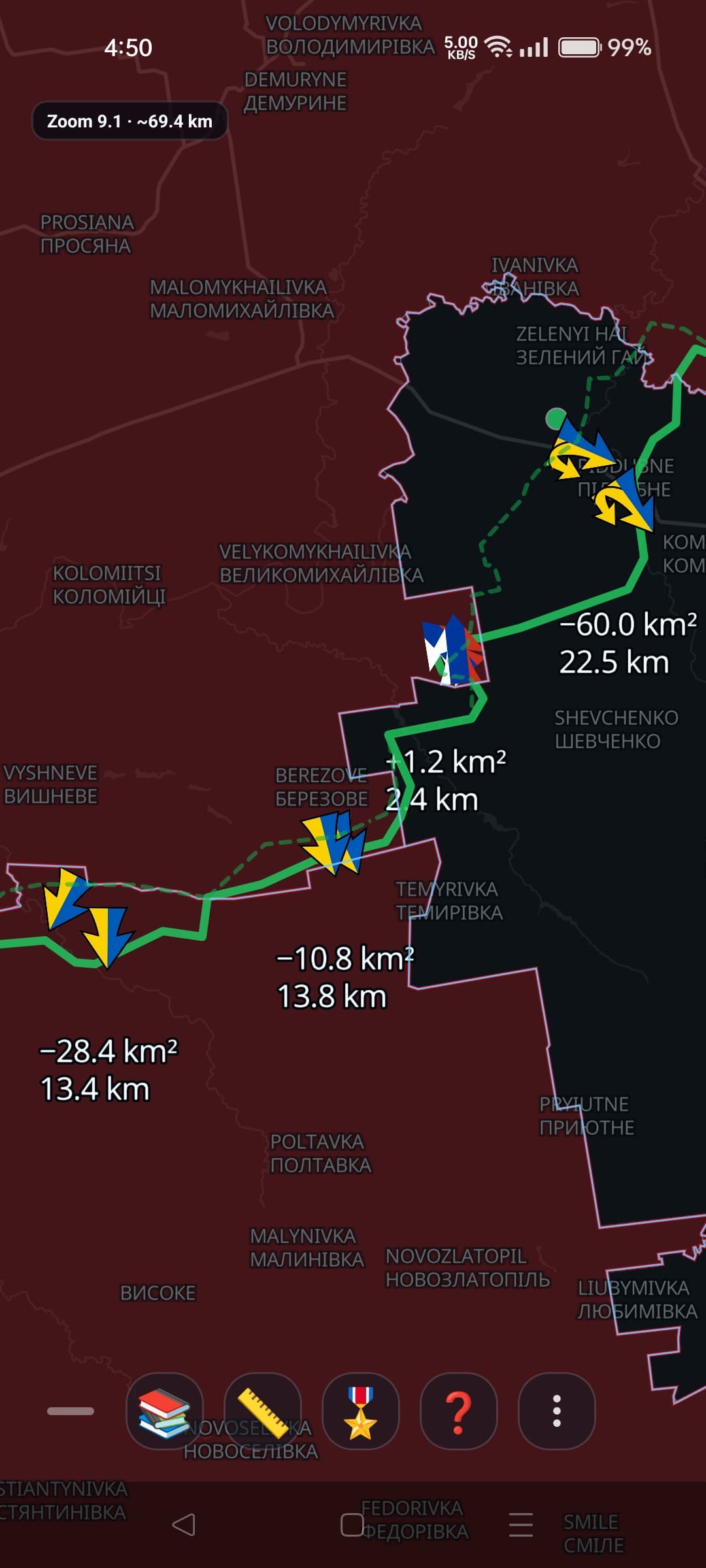 Frontline with today's and yesterday's line, zoomed out