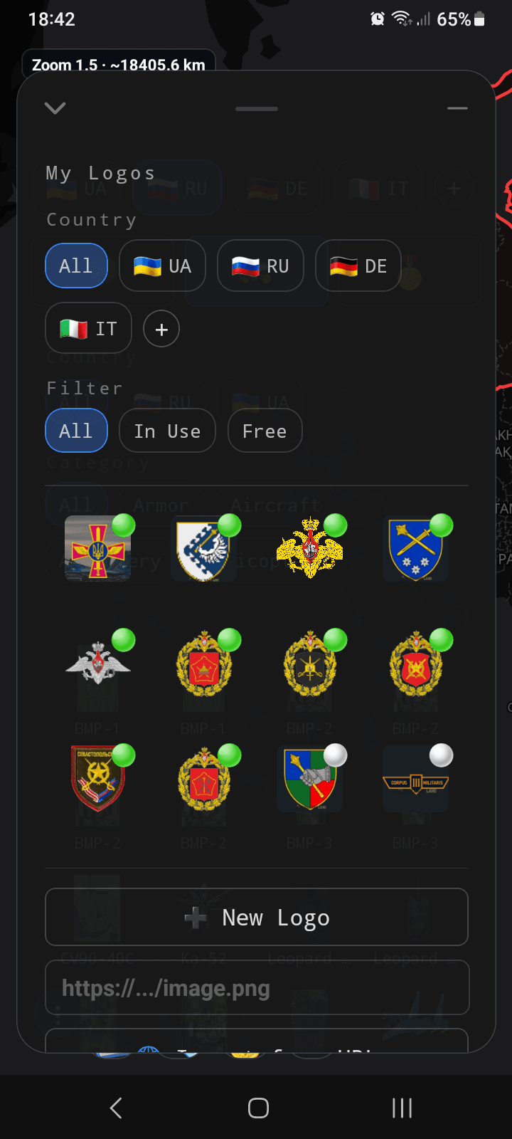 A grid of saved emblem logos, each with a small green or white dot marking whether it is assigned to a unit